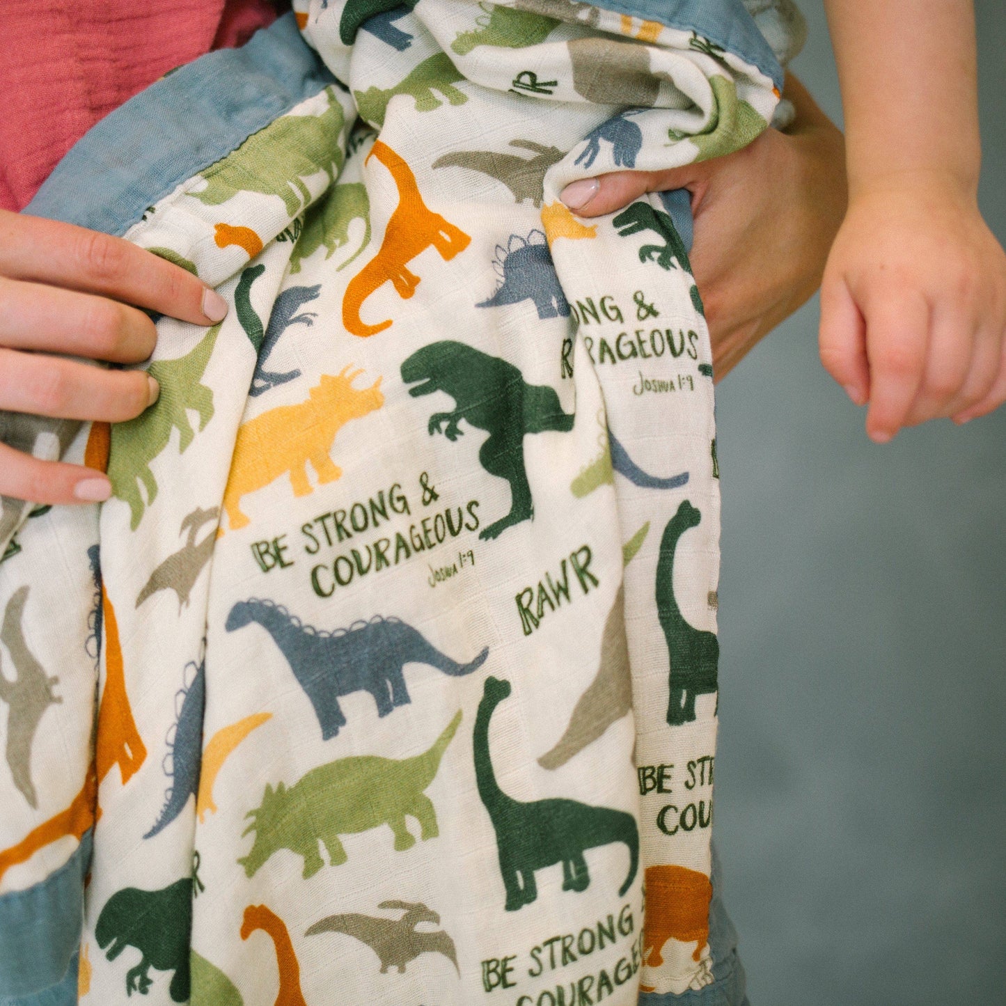 Dinosaurs "Be Strong and Courageous" | Luxury Double Sided Muslin Blanket