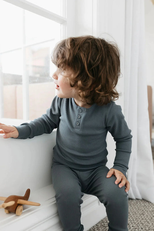 Modal Long Sleeve Ribbed Henley | Smoke