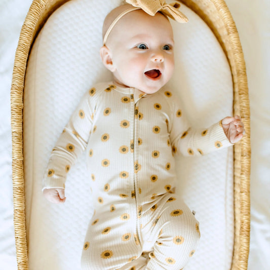Bamboo Zip Sleeper w/ Fold-Over Feet | Sunflowers (Small Ribbed)