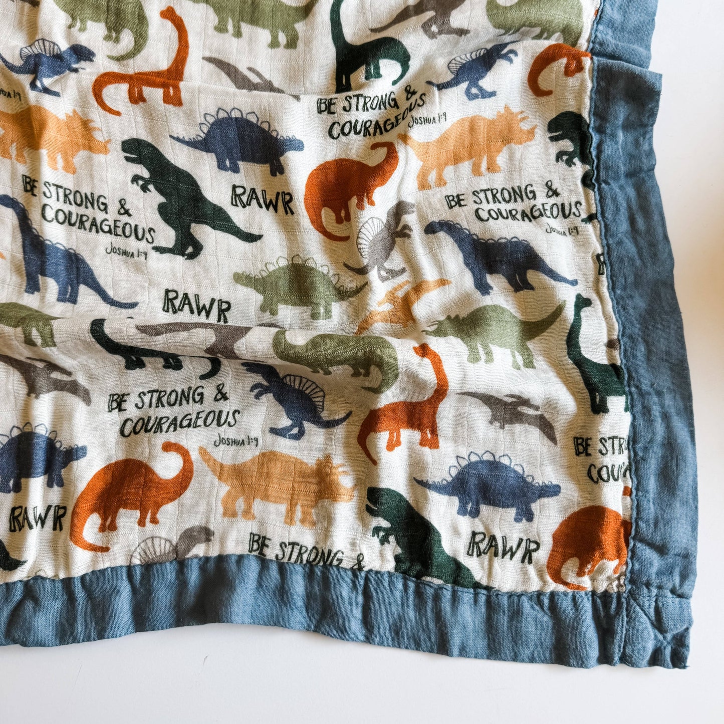 Dinosaurs "Be Strong and Courageous" | Luxury Double Sided Muslin Blanket