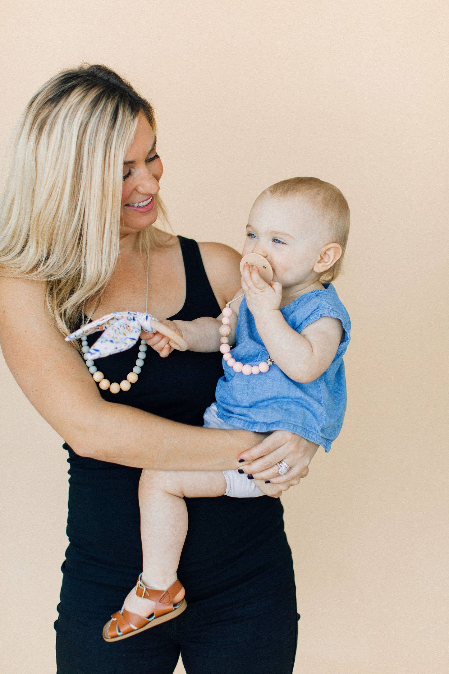 Classic Pacifier Clip | Wood + Pale Blush