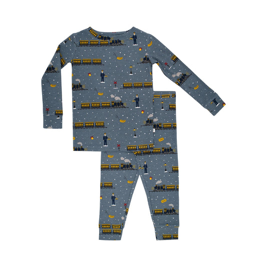 Ribbed Two-Piece Bamboo Pajama Set | Christmas Trains