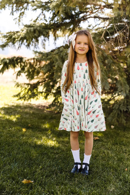 Gwendolyn Dress | Pink + Green Christmas Trees on Mint
