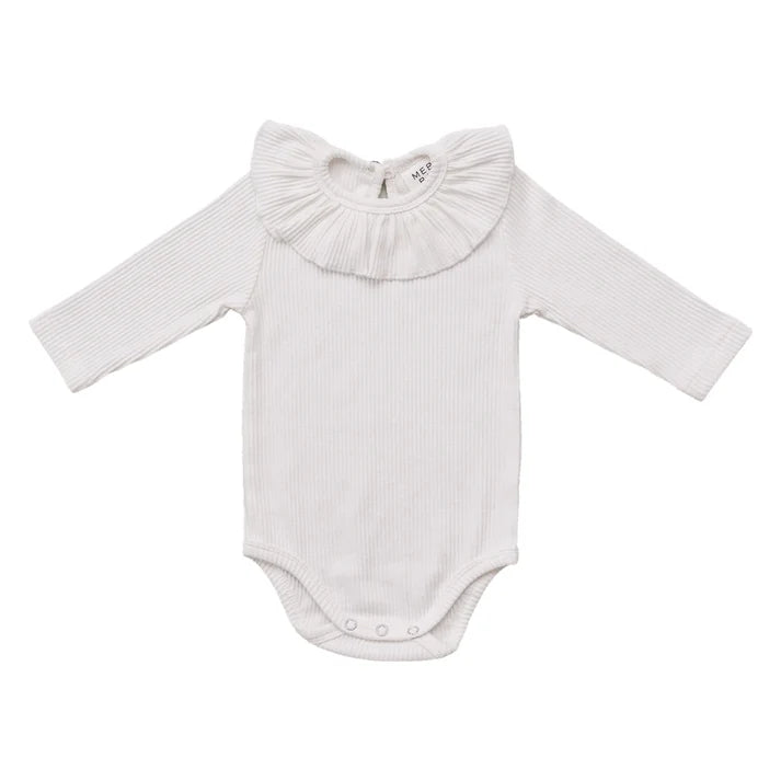 Ribbed Ruffle Bodysuit || White