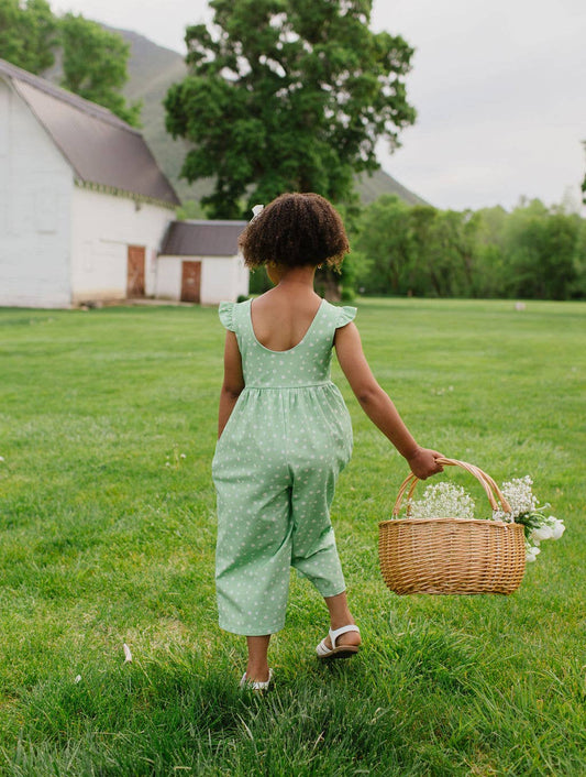 Ruffle Pant Romper in Green Daisy