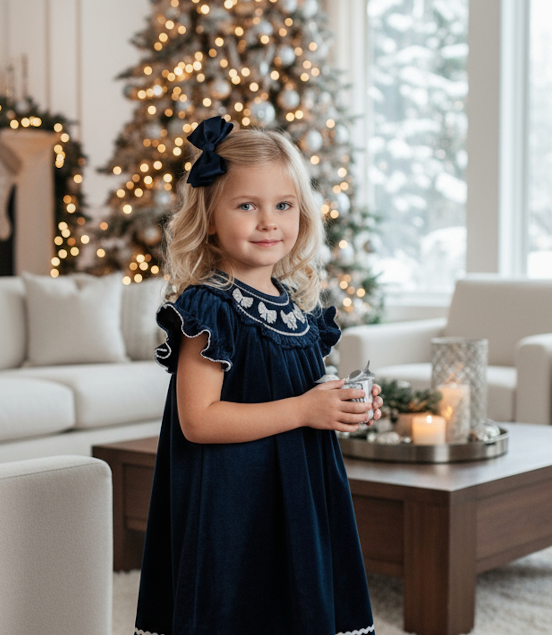 Silver Bows Smocked Ruffle Bishop Dress | Blue Velvet 4T