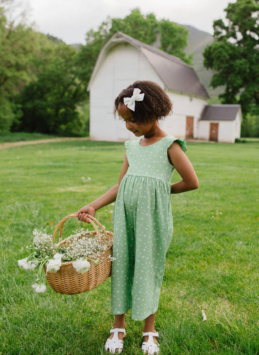 Ruffle Pant Romper in Green Daisy