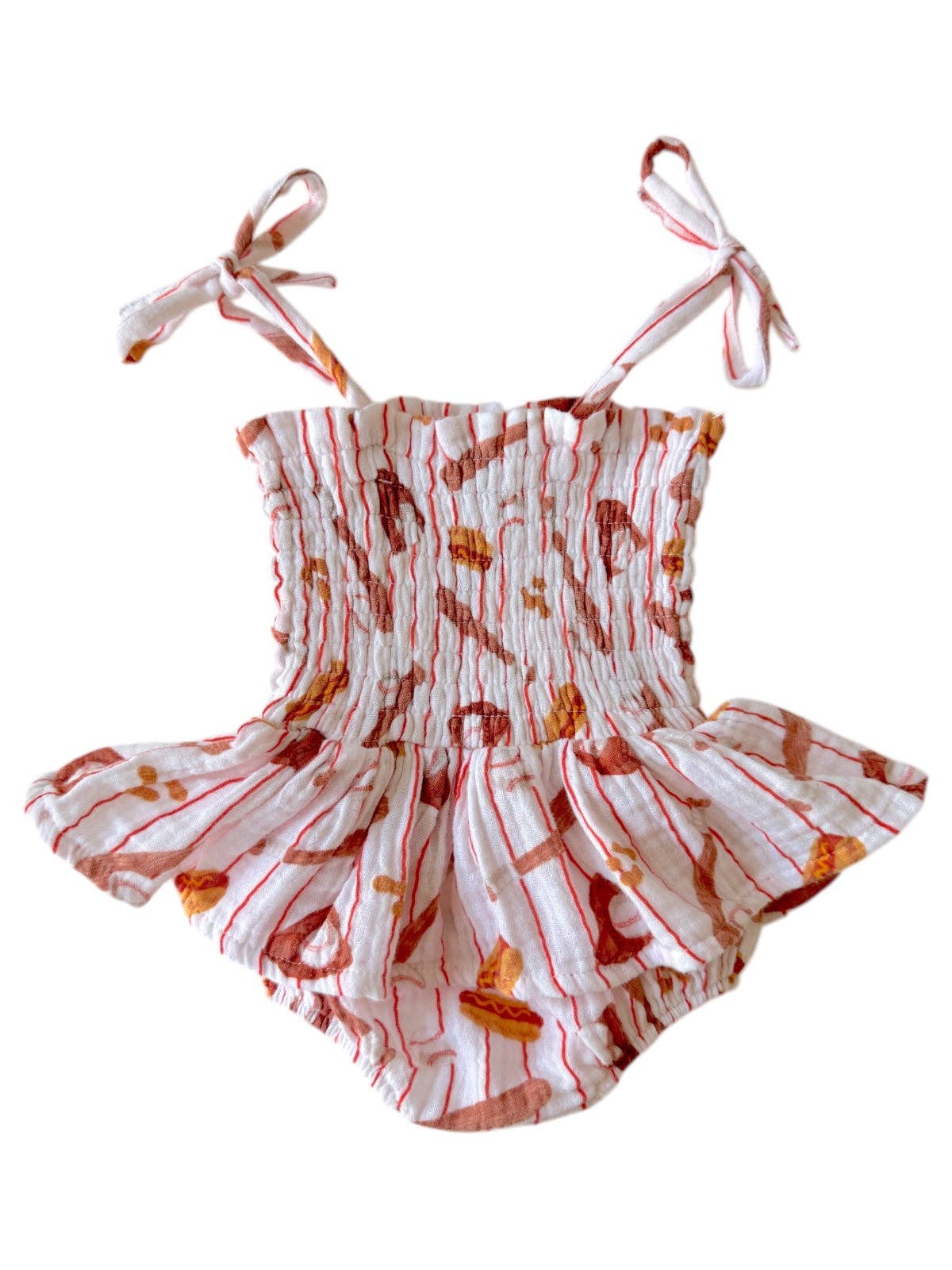 Muslin Smocked Skirted Bubble Romper | Baseball Game