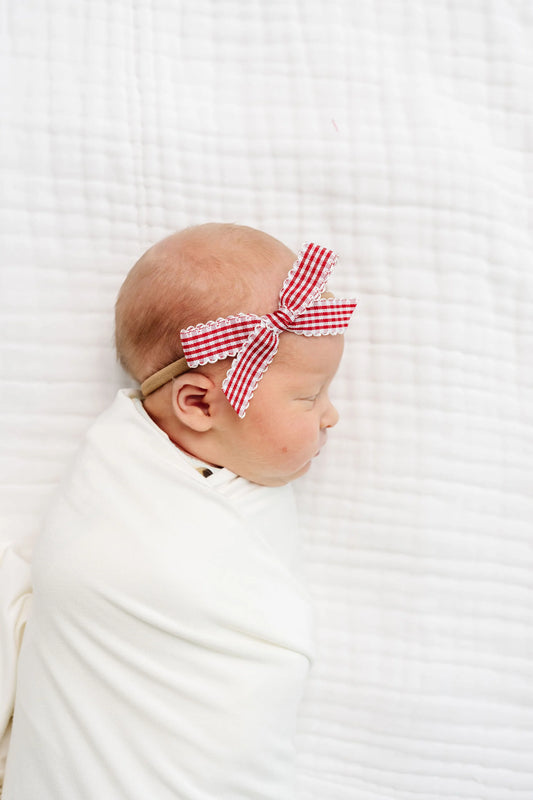 Cherry Gingham Ribbon Bow | Nylon Headband