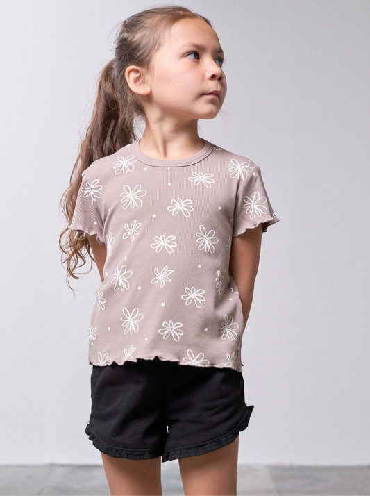 Floral Ribbed Lettuce Trim Tee | Mushroom