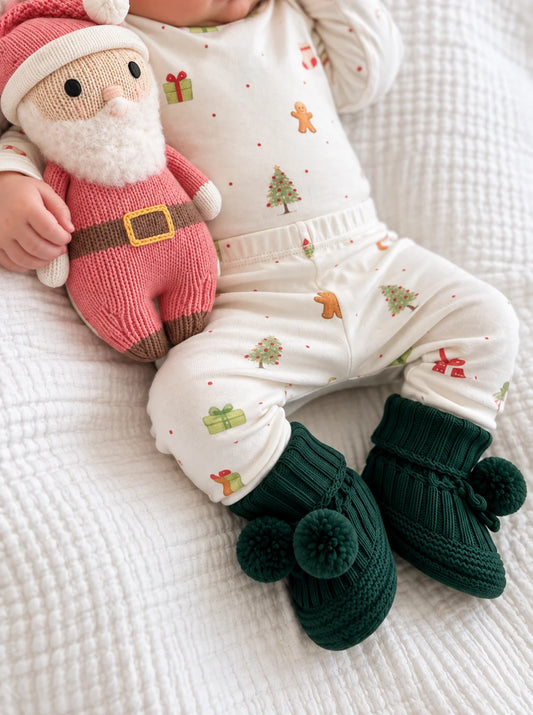 Pom Knit Booties | Alpine Green