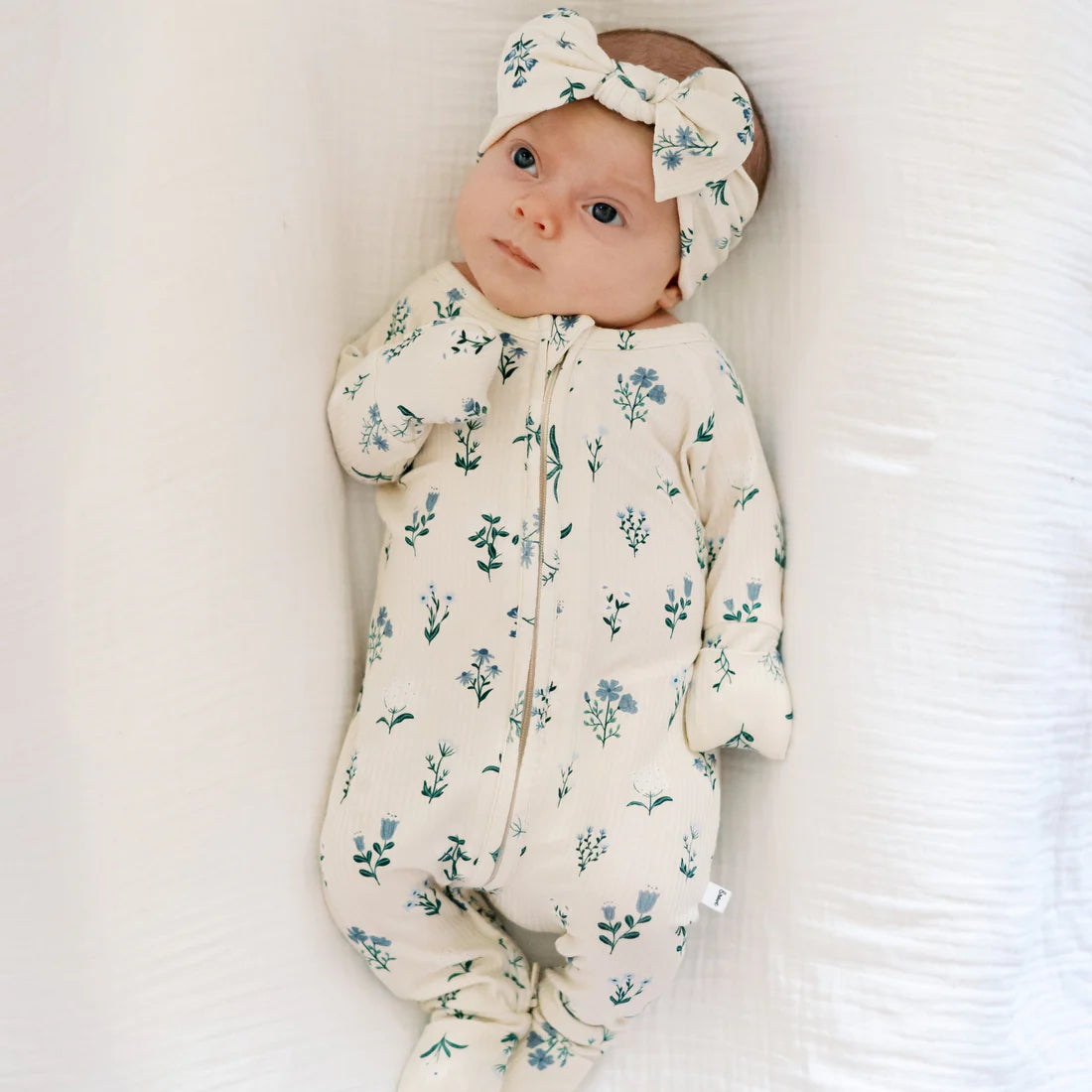 Bamboo Zip Sleeper w/ Fold-Over Feet | Morning Meadow Small Ribbed