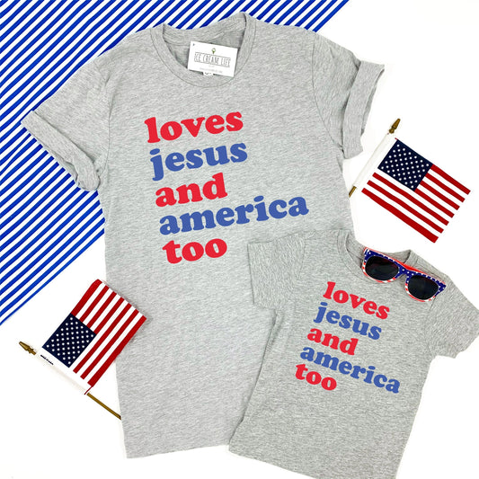 Adult Loves Jesus and America Too T-Shirt | Grey