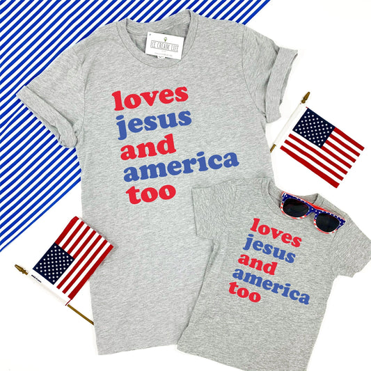 Adult Loves Jesus and America Too | Grey Tee