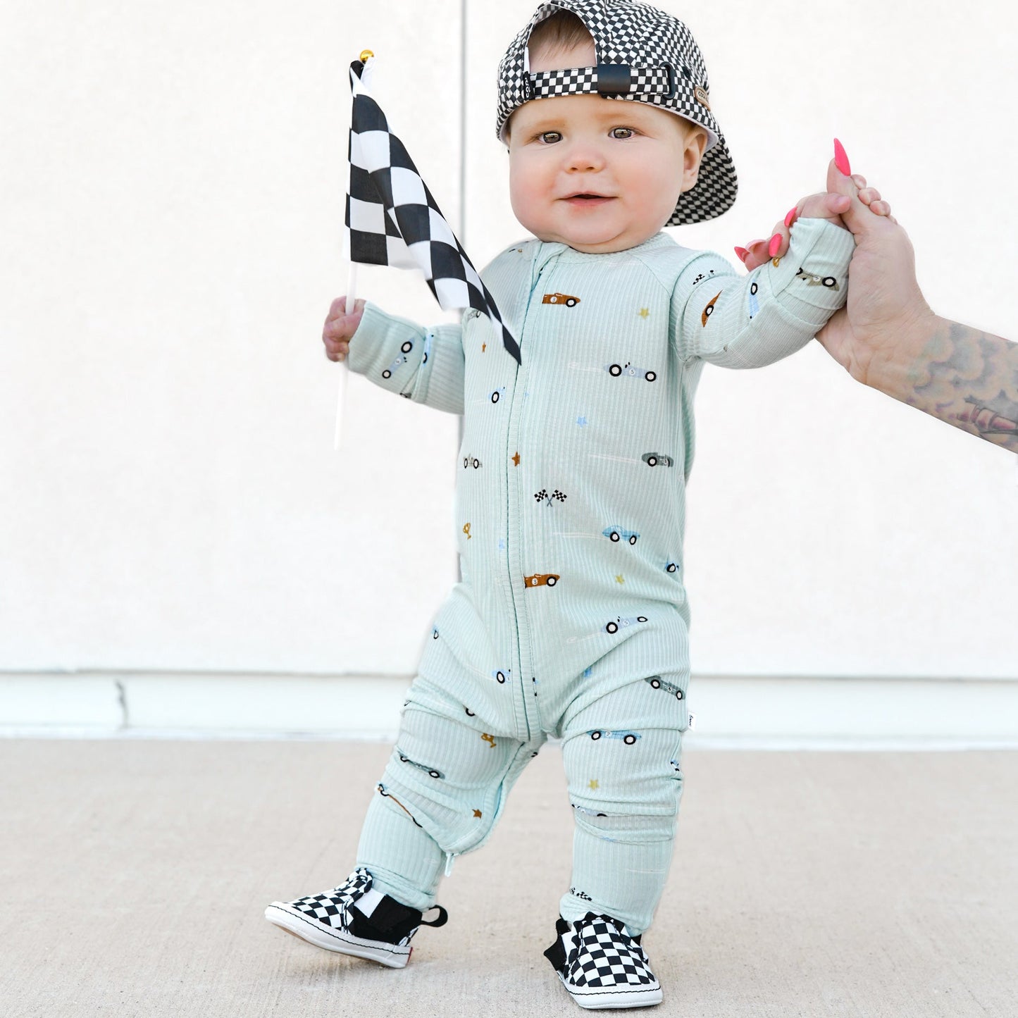 Bamboo Zip Sleeper w/ Fold-Over Feet | Race Cars (Small Ribbed)