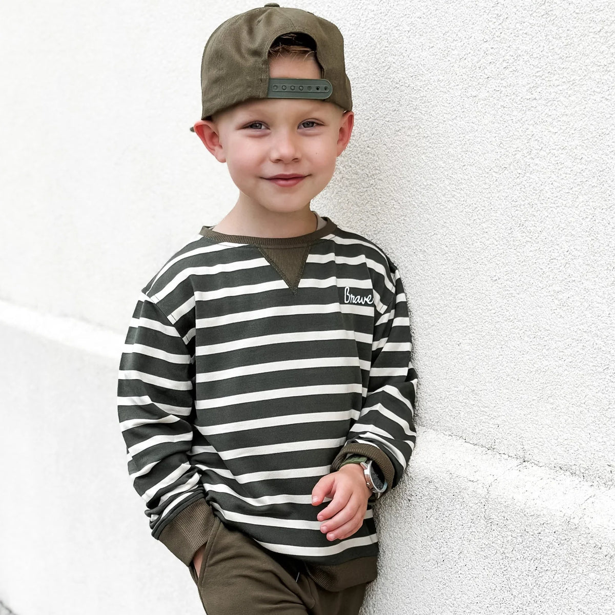 French Terry Pullover | Green Stripe with Brave