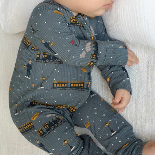 Bamboo Zip Sleeper w Fold-Over Feet | Christmas Trains (Small Ribbed)