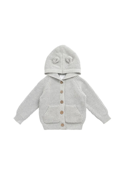 OG Bear Knit Cardigan w Hood | Light Grey Marle