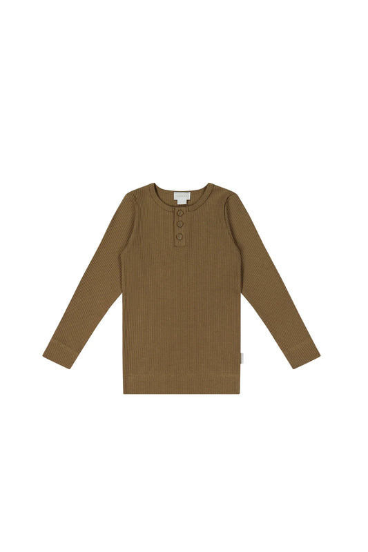 Modal Long Sleeve Ribbed Henley | Crème Caramel