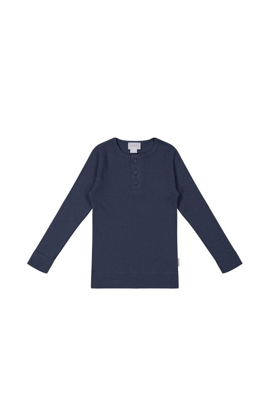 Modal Long Sleeve Ribbed Henley | Charter (Deep Navy Blue)