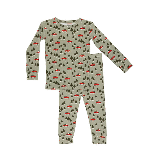 Ribbed Two-Piece Bamboo Pajama Set | Red Christmas Trucks