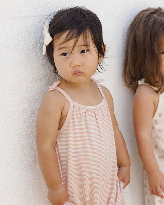 Smocked Jumpsuit || Melon Micro Stripe