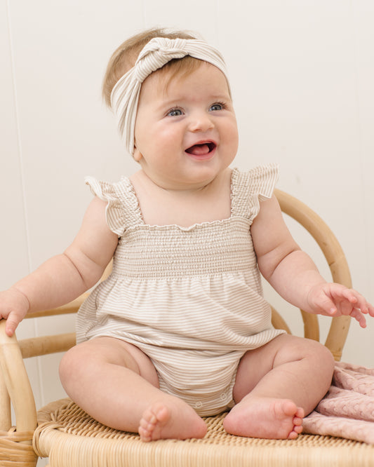 Smocked Ruffle Sleeve Romper || Oat Micro Stripe