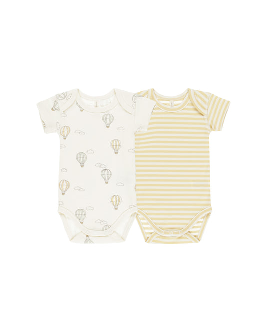 Short Sleeve Bodysuit, 2 Pack || Hot Air Balloons, Yellow Stripe