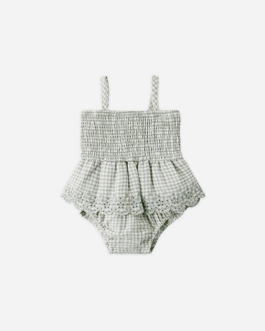 Smocked Skirted Romper || Sage Gingham