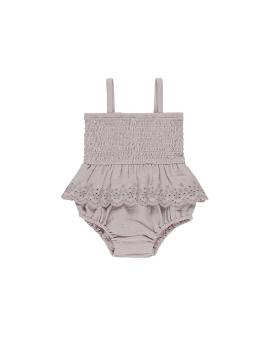 Lavendar Smocked Skirted Romper& Knotted Nylon Headband