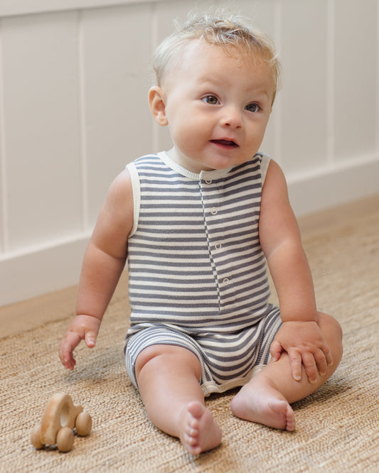 Ribbed Henley Romper || Ocean Stripe