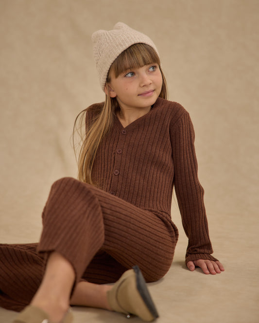 Long Sleeve Knit Button Top || Brown