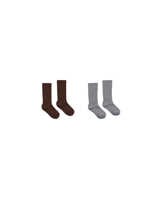 Ribbed Socks || Brown, Dusty Blue