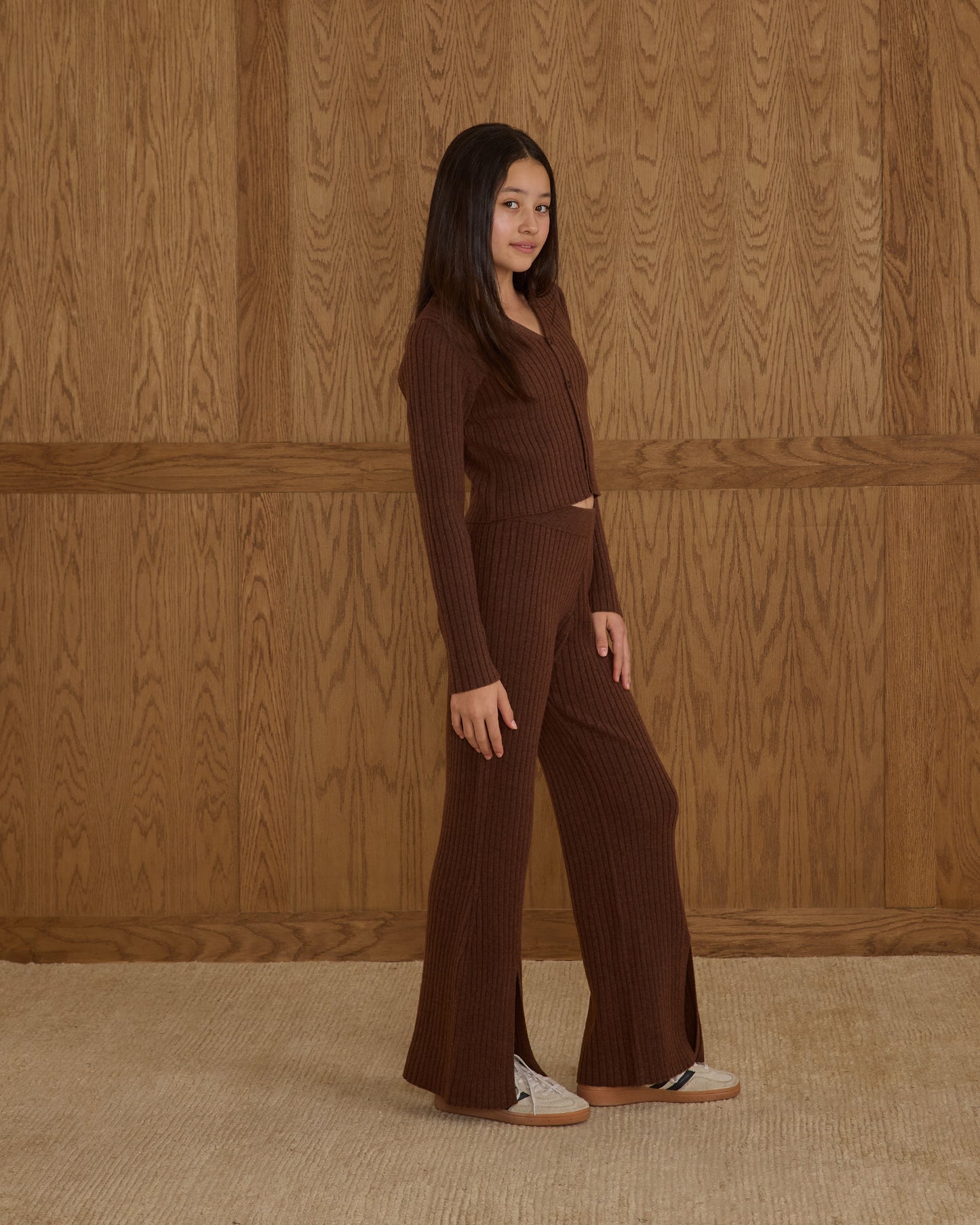 Long Sleeve Knit Button Top || Brown - Teen