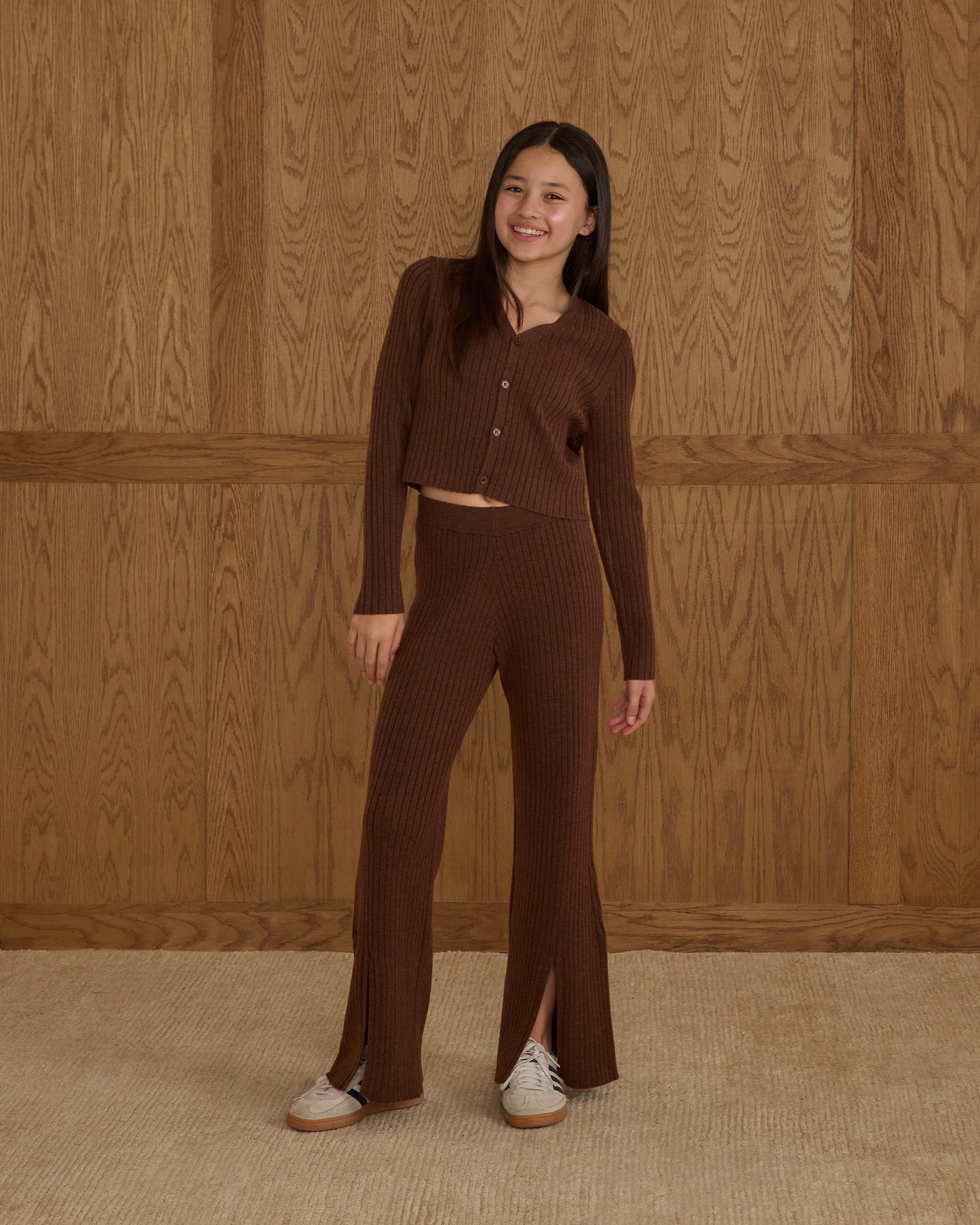 Long Sleeve Knit Button Top || Brown - Teen
