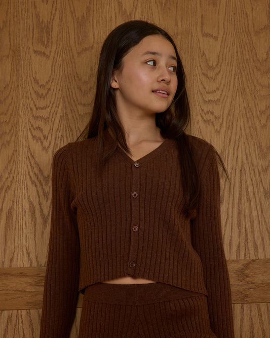 Long Sleeve Knit Button Top || Brown - Teen