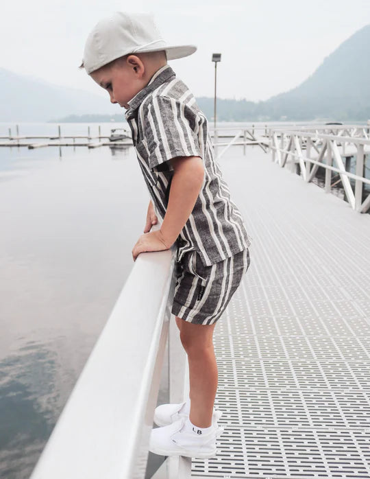 Linen Button Up | Charcoal Stripe