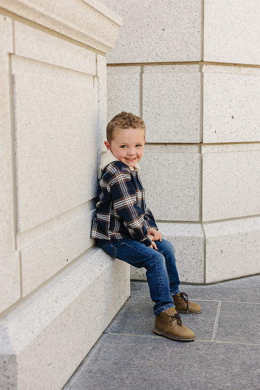 Hooded Flannel Button Down Shirt | Navy & Brown