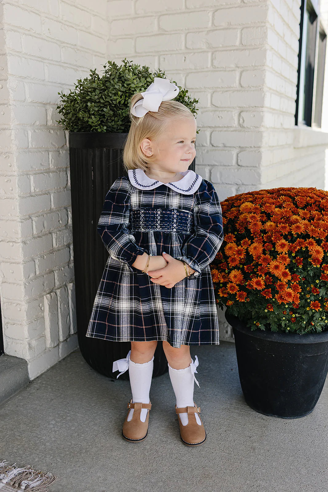 Navy Plaid Smocked Dress