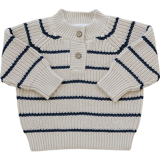 Navy Stripe & Oatmeal Button Knit Sweater