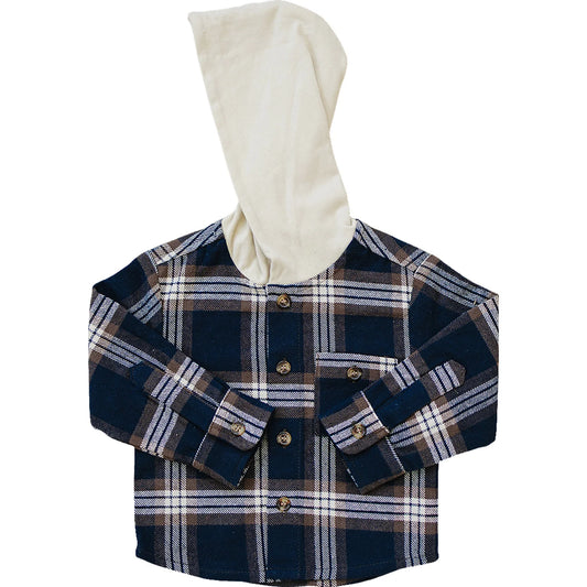 Hooded Flannel Button Down Shirt | Navy & Brown
