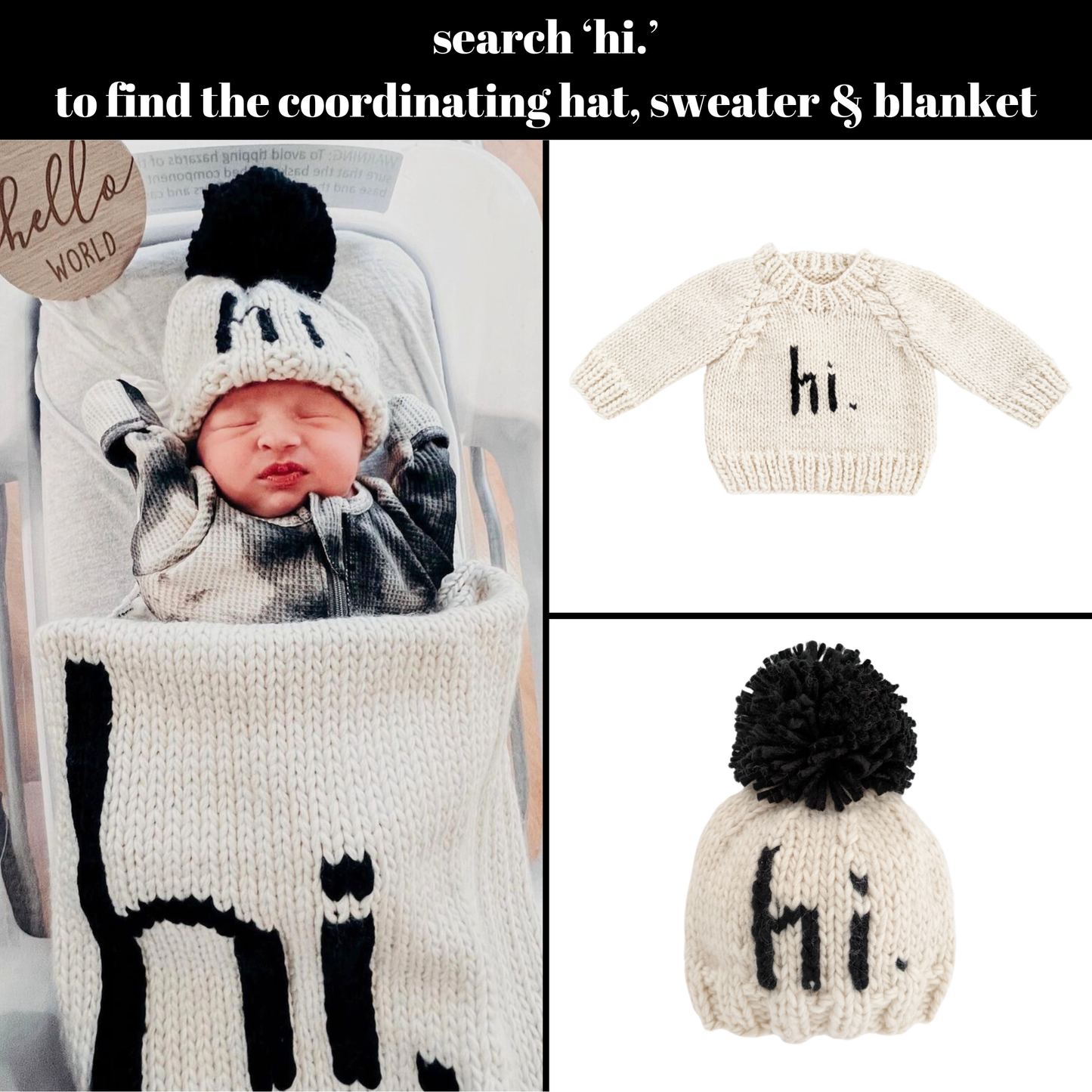 hi. Black Hand Knit Pom Beanie Hat | Newborn