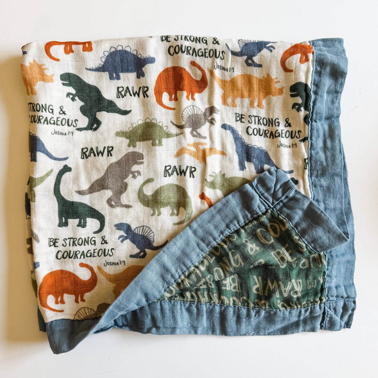 Dinosaurs "Be Strong and Courageous" | Luxury Double Sided Muslin Blanket