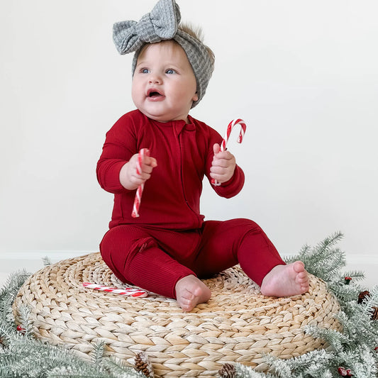 Berry Red | Small Ribbed Bamboo Zip Sleeper w/ Fold-Over Feet