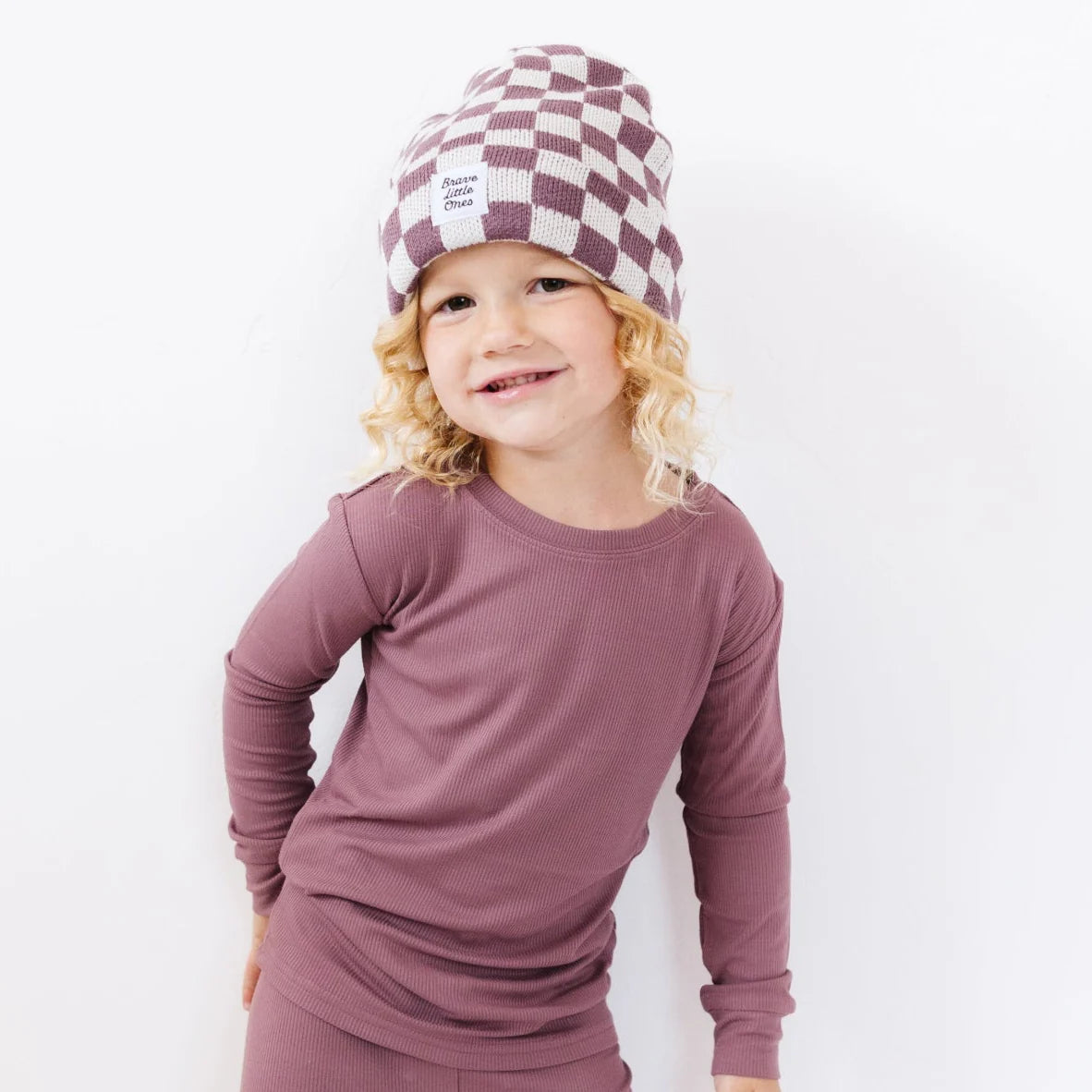 Knit Beanie | Plum Checkered