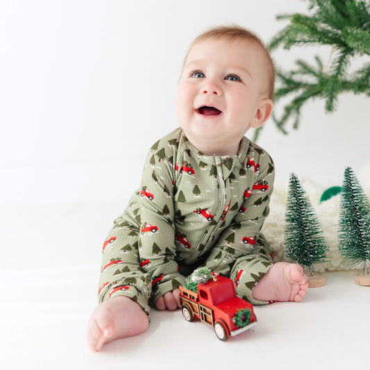 Bamboo Zip Sleeper w Fold-Over Feet | Red Christmas Trucks (Small Ribbed)