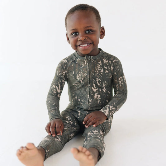 Bamboo Zip Sleeper w/ Fold-Over Feet | Woodland Camo (Small Ribbed)