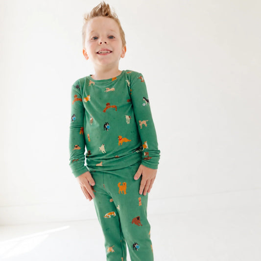 Bamboo Pajama Set | Dogs Green (Small Ribbed)