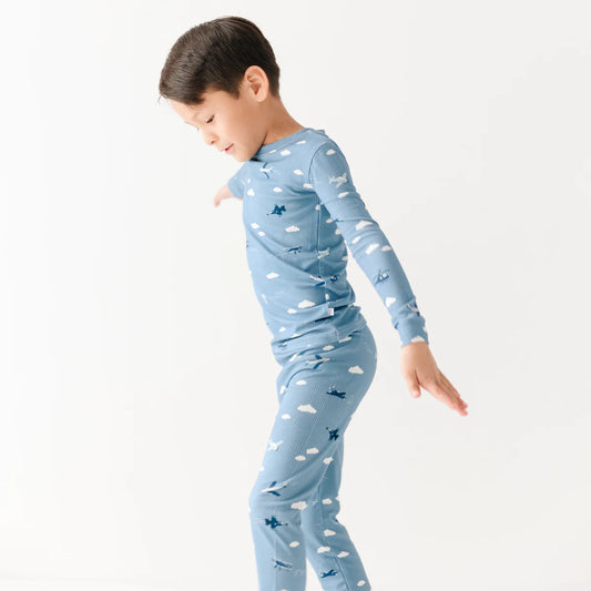 Ribbed Two-Piece Bamboo Pajama Set | Take Flight Blue