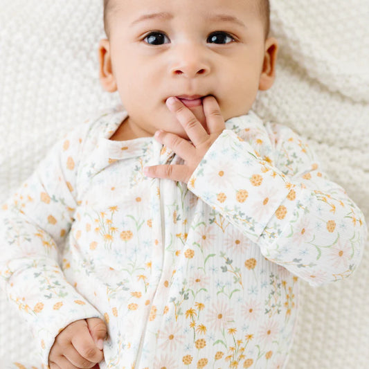 Bamboo Zip Sleeper w/ Fold-Over Feet | Whimsical Floral (Small Ribbed)